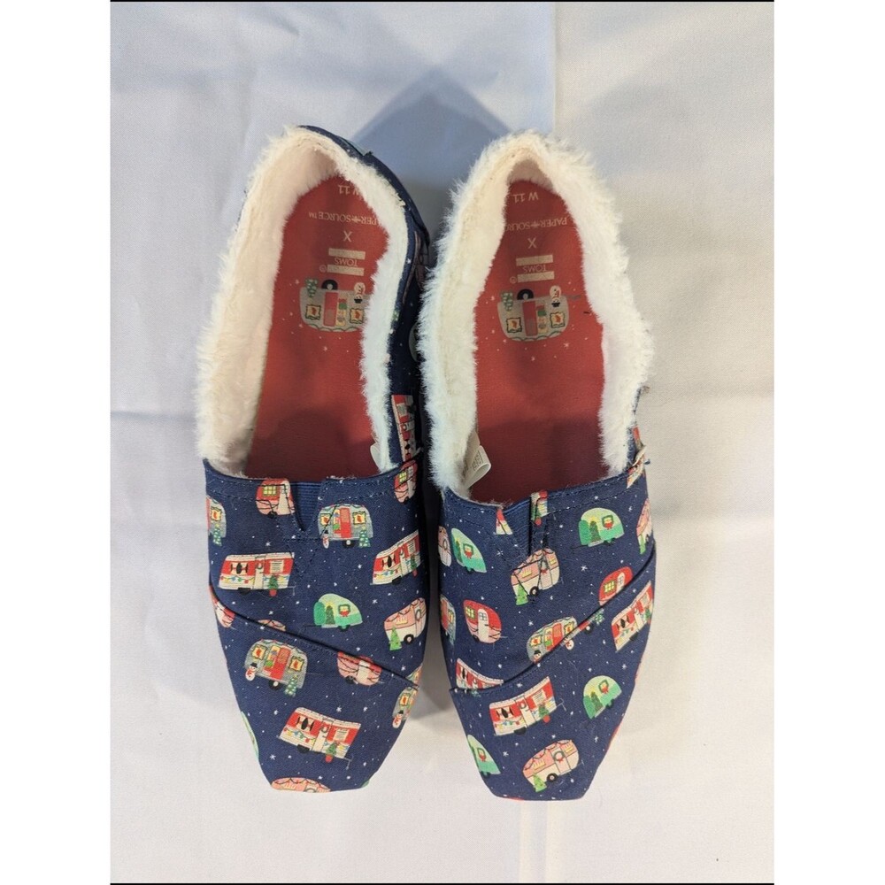 Toms Women's Navy Holiday Camper Print Slip-On Shoes with Faux Fur Lining